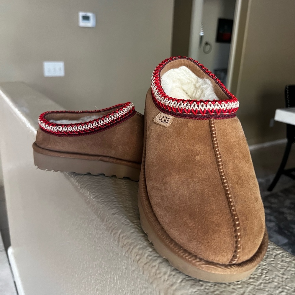 UGG Brown Suede Slippers with Red Trim